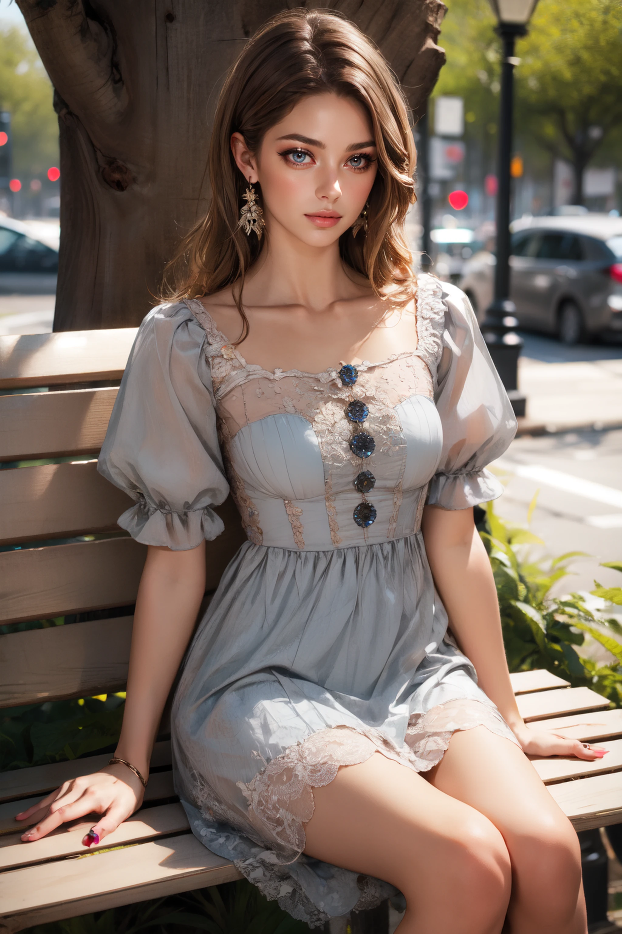 (gray skin:1.2), 1girl, solo, long hair, breasts, looking at viewer, blush, brown hair, dress, closed mouth, jewelry, sitting, medium breasts, brown eyes, short sleeves, outdoors, earrings, day, puffy sleeves, tree, blue dress, lips, hand on own thigh, park, bench, lamppost, <lora:Victoria_S_epoch_9:0.6>,