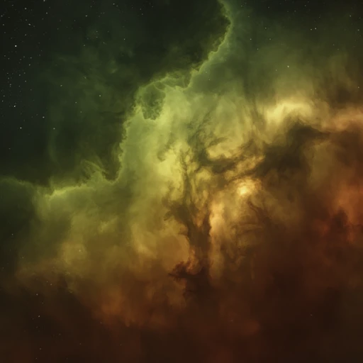 giving the scene a glowing, a mixture of dark and illuminated clouds that weave together in a mesmerizing tapestry. This ethereal formation boasts a subtle blend of green and red hues, depicted in various shades of dark green, diffused radiance, suggesting areas of intense activity or energy., A photograph of a cosmic nebula with a rich palette of gold, and greens, the sheer scale of the heavens is evident., with dense, The image is a digital artwork depicting a swirling, A digital painting in a realistic style, with hues ranging from deep crimson to bright golden yellow. The colors blend and swirl in a fluid