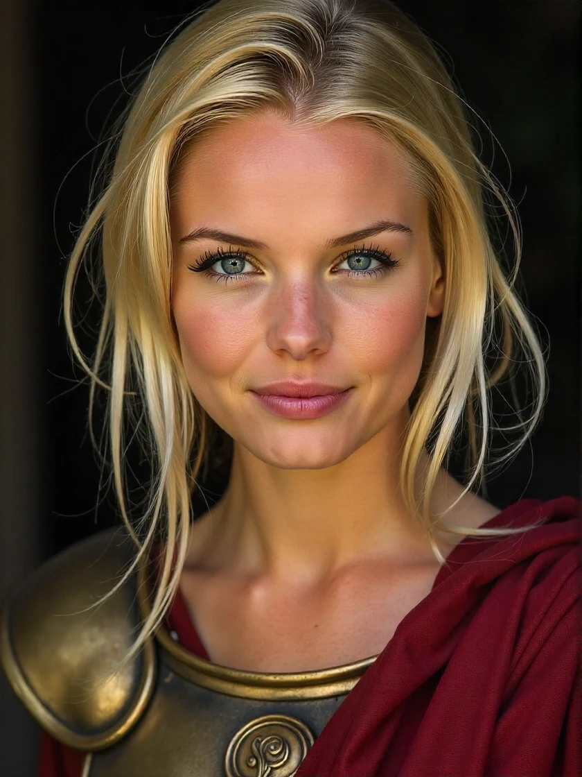 <lora:Kate_Bosworth:1> woman, blonde, extreme close-up, zoomed, focus on face, centered, macro shot, face centered, focus on eyes, looking directly at the viewer, looking directly at the camera, making eye contact, looking straight ahead, modest clothes, modest apparel, chest covered, modesty <lora:zz_s_Chest_Size_Slider:-2> Roman Soldier, Lorica segmentata armor, gladius sword, shield, centurion helmet, legionnaire