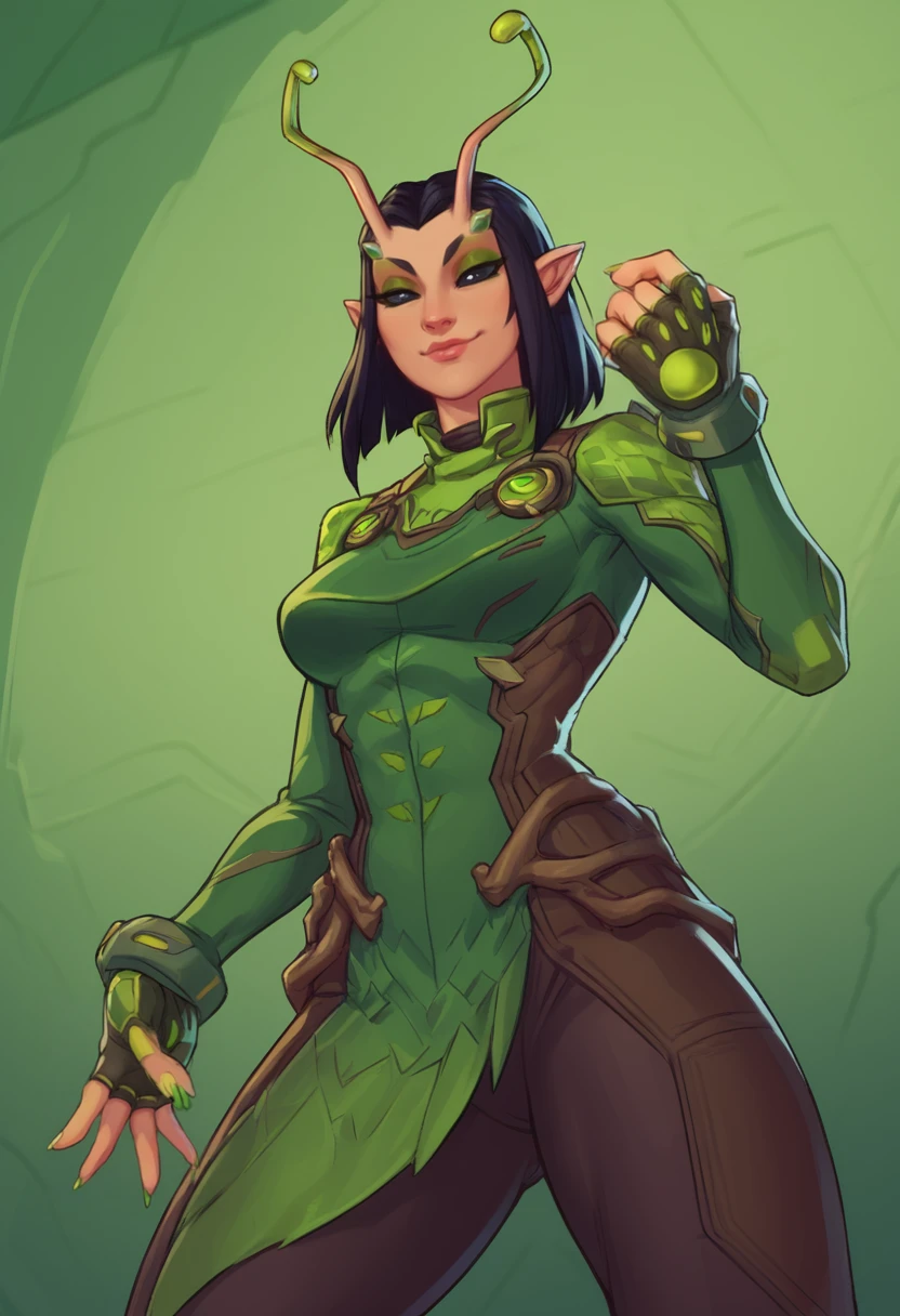 score_9, score_8_up, score_7_up, score_6_up, expressiveh, mantis_rivals, green details, 1girl, solo, black and green clothes, antennae, medium hair, ponytail, black hair, bodysuit, hand equipment, fingerless gloves, pointy ears, vines, nail polish, green nail polish, green sleeves, green cowl, black pants, makeup, black eyes, looking at viewer, spaceship, spaceship interior, detailed background, dynamic pose, dynamic angle, black sclera, futuristic background, futuristic monitors, monitors on background, sexy pose, seductive pose, smile, seductive smile, perfect body, sexy, seductive, looking at viewer,  cropped, cowboy shot,<lora:DJCompsLycoXL:0.9> <lora:Mantis_Marvel_Rivals_-_PonyXL:0.6>