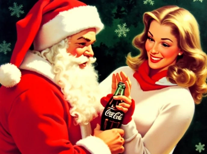 A classic Gil Elvgren pinup advertisment poster for Coca Cola, with a young wavy haired brunette lady with a big smile and warm clothes on, accepting a bottle of Coca Cola from Father Christmas. High Quality