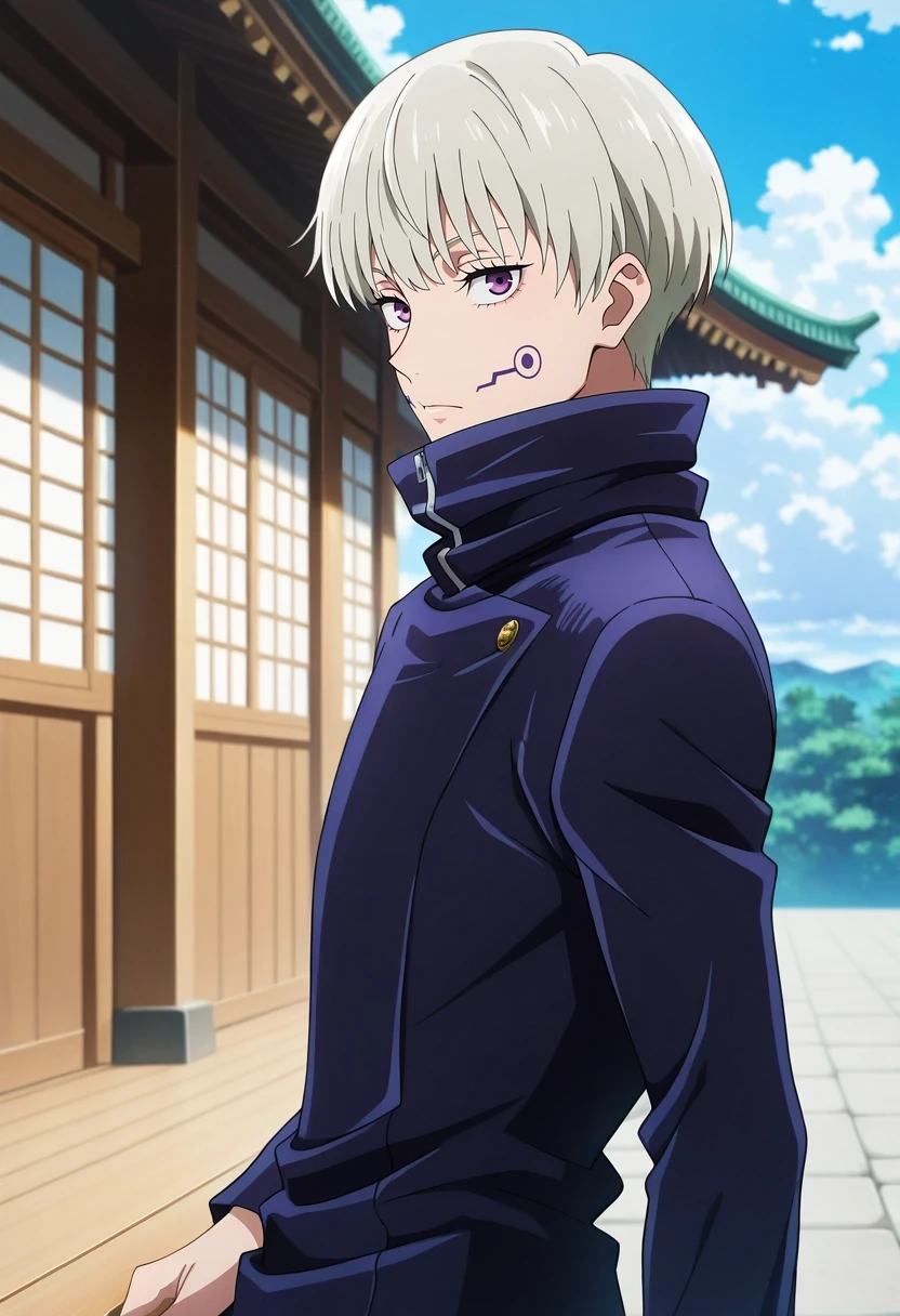 masterpiece, best quality, intricate details, anime screencap, anime coloring, official style, looking at viewer, depth of field, 1boy, solo, male focus, <lora:toge_inumaki_ilxl:0.94>, toge_inumaki, white hair, purple eyes, short hair, bangs, hair between eyes, high collar, gakuran, facial tattoo, from side, east asian architecture, day, clouds, arm support, distracted, aloof, oblivious,