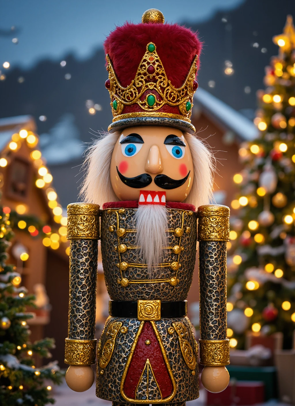 {    "T5": "A hyperrealistic, close-up shot from a 45-degree angle of a fancy nutcracker soldier, set against a richly decorated, dimly lit Christmas market background, with extremely detailed, intricate textures on his metallic body, including golden accents and a red, furry hat, his face stern with a slight smirk, eyes gleaming with a touch of blue light, under soft, warm, festive lighting, with blurred, out-of-focus market stalls and Christmas trees in the background",    "CLIP-L": "hyperrealistic, nutcracker, soldier, Christmas market, metallic, golden accents, red fur, detailed textures, festive lighting, dimly lit, 45-degree angle" }