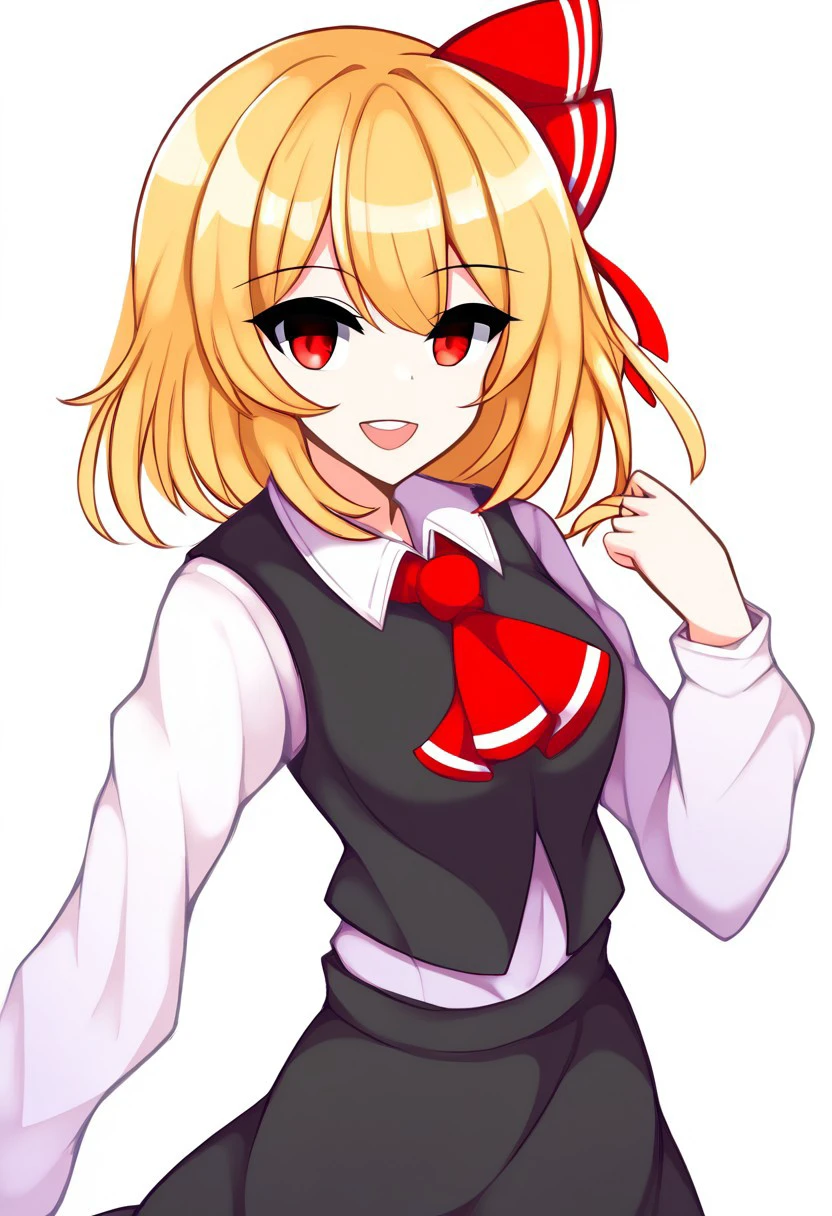 ((KaliningradG style)), ((white background)), ((solo)), (1girl), looking at viewer, ((rumia)), standing, posing, open mouth, smile, blonde hair, red eyes, hair ribbon, black vest, white shirt, long sleeves, black skirt, red ascot,