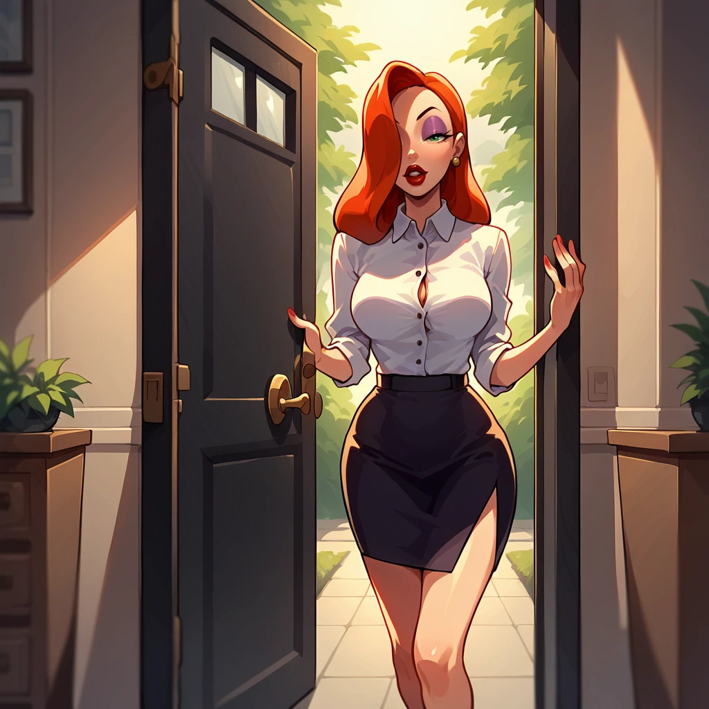 score_9, score_8_up, score_7_up, score_6_up, score_5_up, score_4_up, zPDXL2,source_anime,rating_questionable, 1girl, solo, standing, looking at viewer, office lady, white button shirt, black pencil skirt, Jessica Rabbit   , <lora:Front_Door:0.7> d00r, looking at viewer, front door, doorway, outdoors