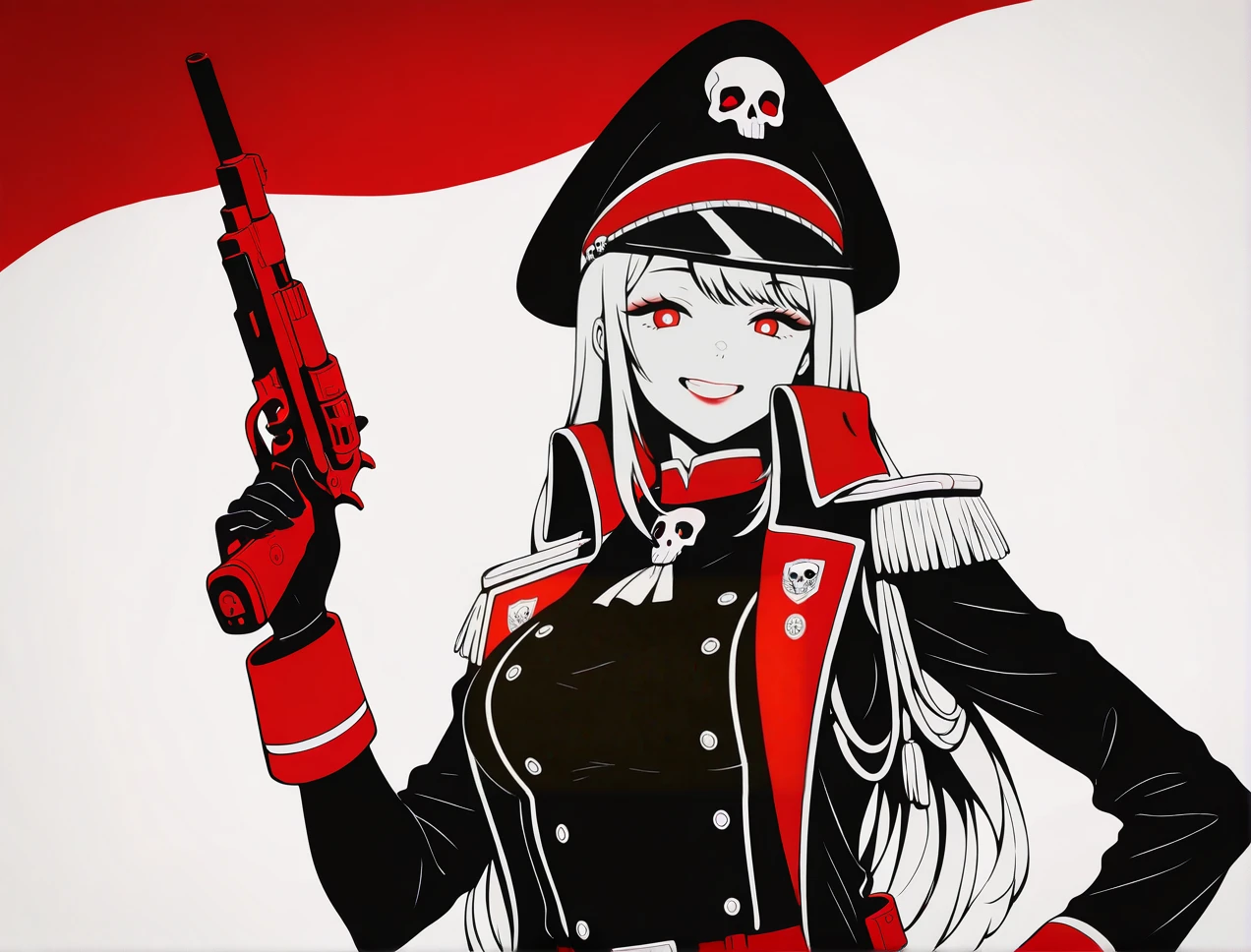 limited color palette,lineart,vector,white theme,red theme,1girl, solo, breasts, looking at viewer,(Marin Kitagawa:1.2), 
edgCommissar,  looking at viewer,  gloves, long sleeves, closed mouth, jacket,  belt, uniform, coat, black jacket, hand on hip,  black headwear, smile, epaulettes, black coat ,wearing edgCommissar,skull emblem,millitary uniform,hat,teeth,handgun,holding weapon,
 <lora:edgIllustriousXLCommissar-000004:1>
 <lora:edgIllustriousXL_Flatstylelr:1>