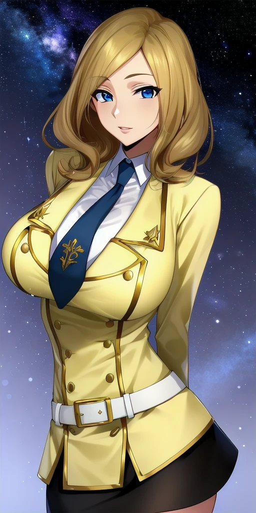 <lora:MillyV3:0.7> milly_ashford, huge_breasts, standing, solo, arms_behind_back, starry_sky, yellow_jacket_white_collared_shirt_green_necktie_green_skirt_belt, masterpiece, best_quality, detailed_face, detailed_eyes, highres, beautiful, detailed, absurdres,