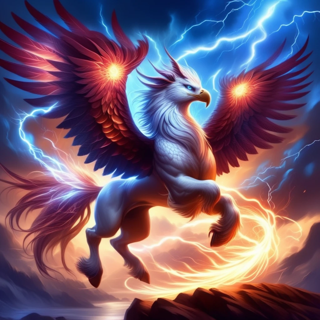 ethereal fantasy concept art of    <lora:Hippogriffs&griffins:1> hippogriffs, half-horse, half-eagle, a storm hippogriff with feathers crackling with arcs of lightning, and a dark, storm-cloud gray body. Its eyes are white-hot orbs of energy, and its talons leave scorch marks where they touch. The scene is set amidst a violent thunderstorm over a jagged mountain range, with bolts of lightning illuminating the chaotic sky. The camera angle is from above, capturing the hippogriffin soaring through the storm with its wings stretched wide.
 . magnificent, celestial, ethereal, painterly, epic, majestic, magical, fantasy art, cover art, dreamy