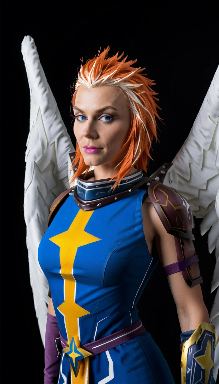 close up PHOTO, Commander Zilyana, Multi colored hair orange and white, armored, angelic white wings, ((blue and gold star armor)), ((purple arm guards)), smiling, photo studio, photo shoot, posing, face focus