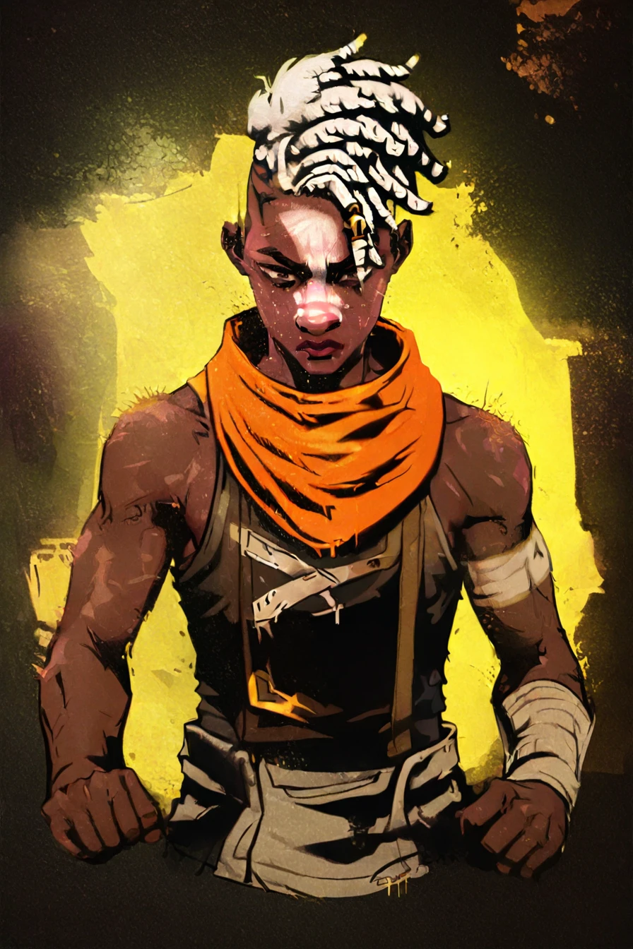 ekko, ekko (league of legends), dreads, dreadlocks, white hair, short hair, dark-skinned male, sleeveless, sleeveless shirt, scarf, pants, white nose, 1boy, solo, alone,<lora:arcane_poster_illustriousXL-000021:1>, arcane_poster_style, masterpiece, highres