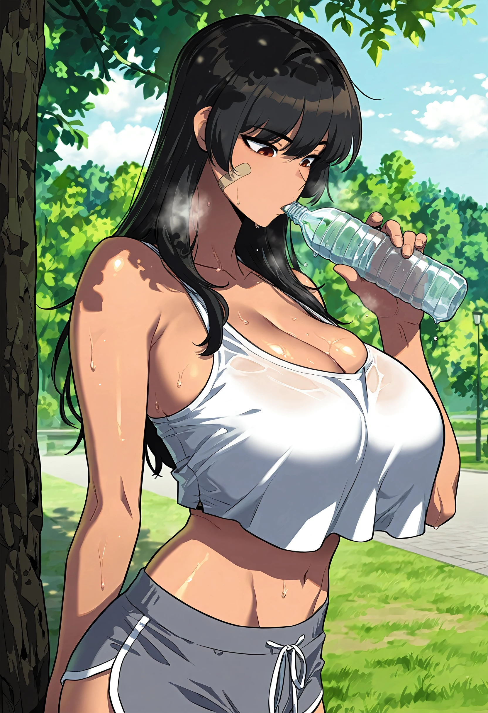 masterpiece, best quality, amazing quality, very aesthetic, absurdres, newest, scenery, 1girl, solo, huge breasts, <lora:Yoo Yeonhwa illustxl:1.0> black hair, long hair, brown eyes, red eyes, bandaid on cheek, white tank top, cleavage, crop top overhang, underboob, grey shorts, dolphin shorts, short shorts, upper body, standing, sweat, steaming body, hand up, (holding bottle:0.8), bottle in mouth, park, outside, looking down, shiny skin, masterpiece, best quality, amazing quality, very aesthetic, absurdres, newest, scenery