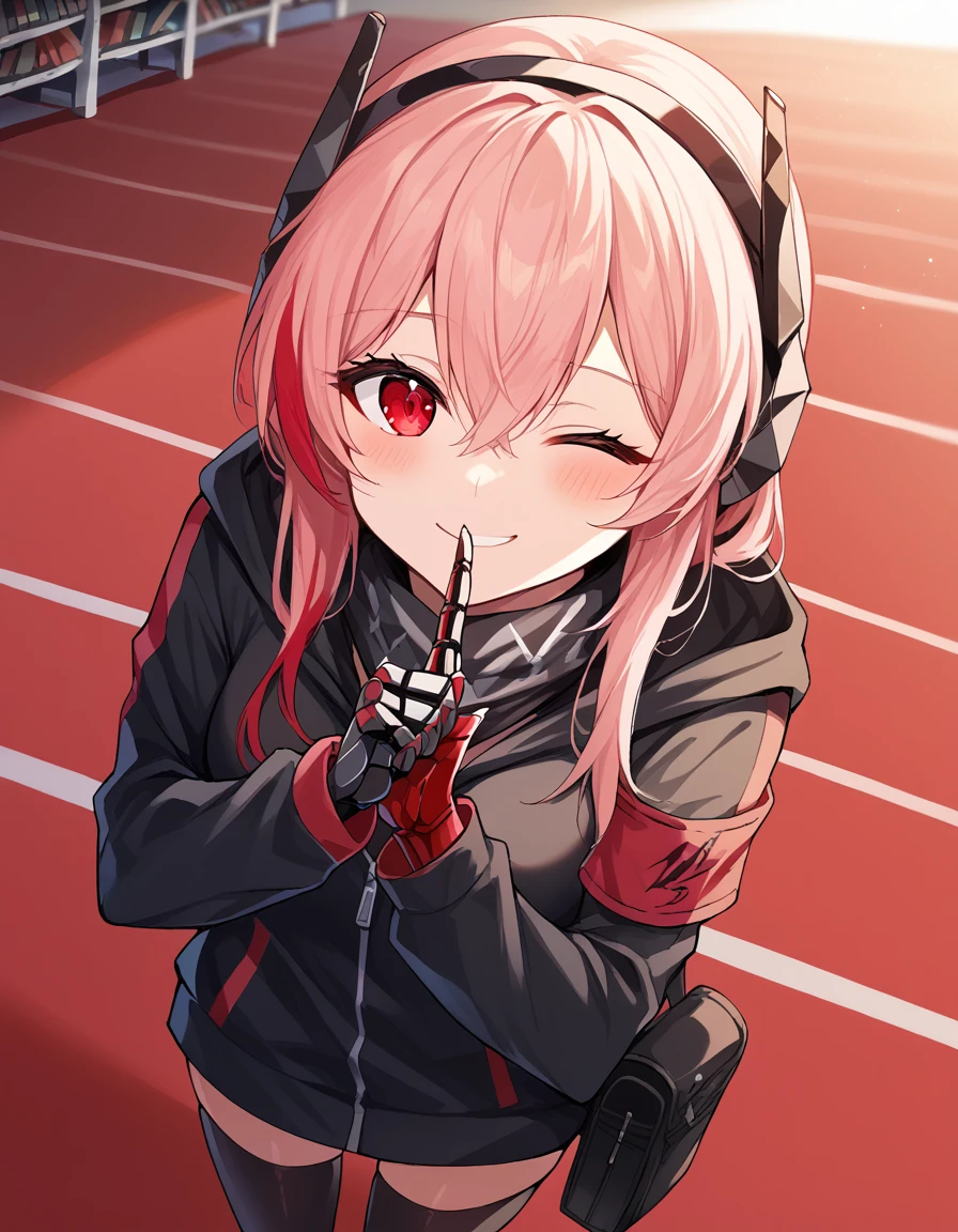 score_9, score_8_up, score_7_up, source_anime, <lora:girlsfrontline-m4-sopmod-ii-ponyxl-lora-nochekaiser:1>, m4 sopmod ii, hair between eyes, red eyes, pink hair, streaked hair, red hair, sidelocks, long hair, multicolored hair, two-tone hair,, armband, black gloves, black jacket, black scarf, black thighhighs, gloves, hair ornament, headgear, headphones, holster, hood, hooded jacket, jacket, mechanical hands, red armband, scarf, thighhighs, track jacket,, arena, seats, stage, event, audience, smile, <lora:shushing-ponyxl-lora-nochekaiser:1>, shushing, finger to mouth, index finger raised, from above, library, smile, blush, one eye closed, dutch angle,, looking at viewer, solo,, dutch angle, cowboy shot