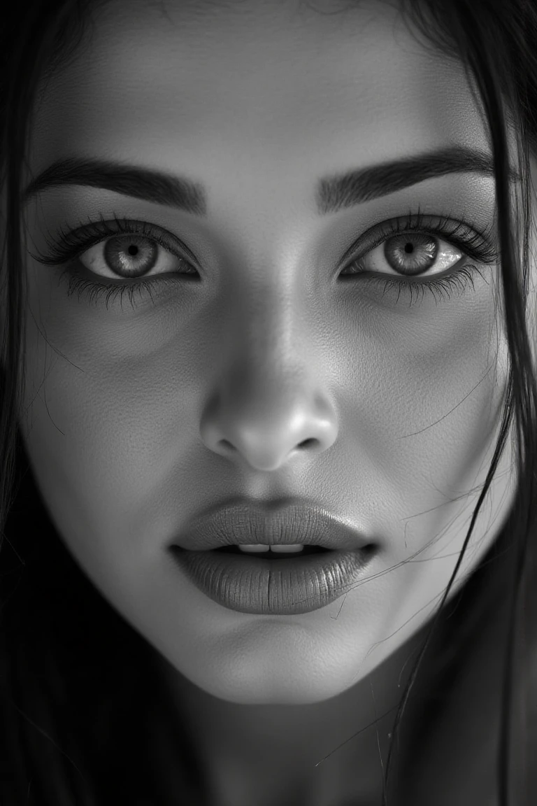 A portrait of ashflx: a woman gazes directly into the camera with an intimate, deep expression, eyes conveying history, strength, and fragility. Soft, natural lighting accentuates the lines and textures of her face, highlighting its emotional vulnerability. Subtle makeup or none at all emphasizes authenticity. Her relaxed lips separate slightly, adding spontaneity. Imperfections on her skin - pores, wrinkles - are captured to enhance real beauty. The out-of-focus grayscale background blends seamlessly with the blurred surroundings, allowing the woman's face to be the sole focus. Black and white contrasts evoke a raw, emotional environment, connecting the viewer to the subject's humanity.