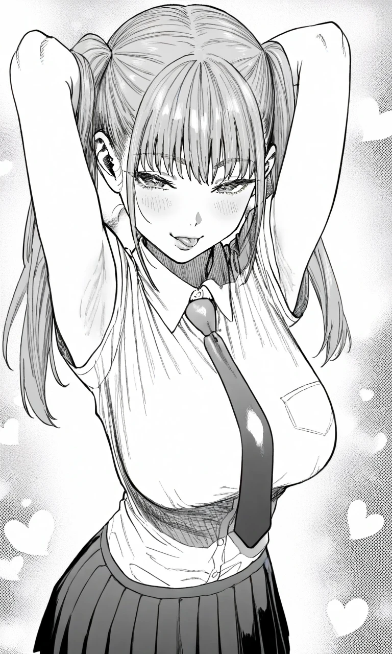 masterpiece, best quality, high resolution, absurdres, 1girl, kimidake, monochrome, armpits, naughty_face, looking_at_viewer, school_uniform, white_shirt, collared_shirt, pleated_skirt, large_breasts, closed_mouth, tongue, twintails,