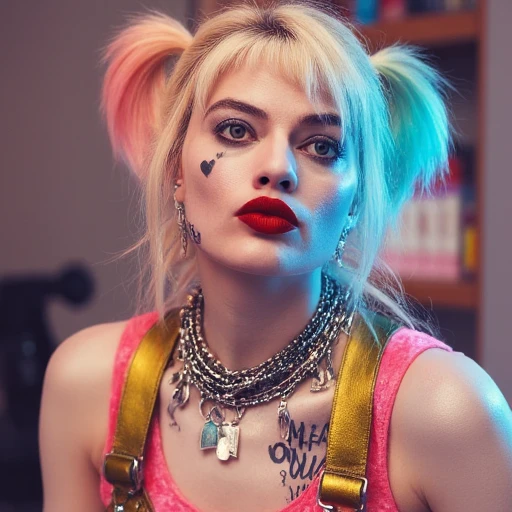 Harley Quinn. The image is a photograph of a woman with a punk aesthetic, blonde hair styled in a bob with bright pink and blue tips, Harley Quinn. The image is a high-resolution photograph featuring a woman with a striking appearance. She has a fair complexion, giving it a playful, Harley Quinn. The image is a photograph of a woman dressed as a character from a comic book or animated series, highly detailed photograph of a woman dressed in a striking costume