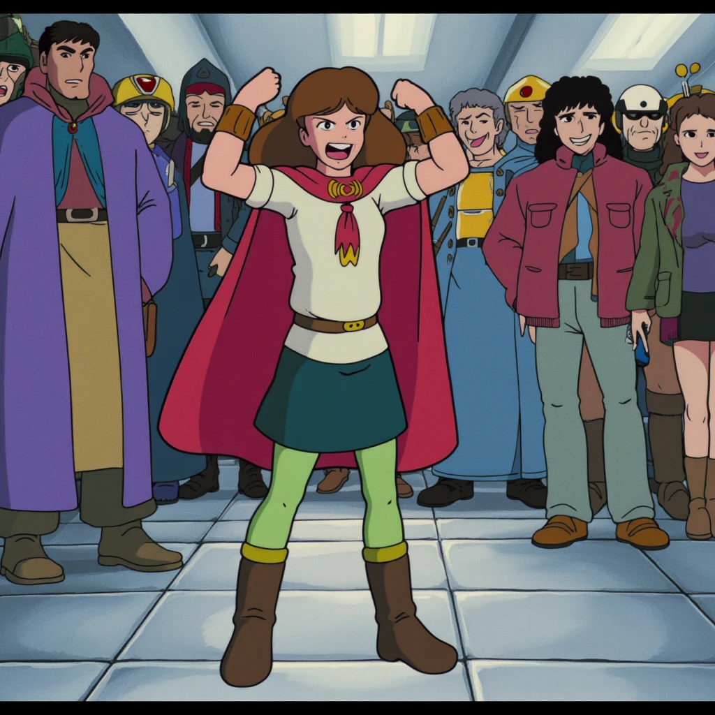 anime screencap in ng artstyle, a 21 year old woman at a crowded comic convention wearing a superhero costume with a shirt, cape, skirt, tights, and boots while flexing her biceps with a laugh.