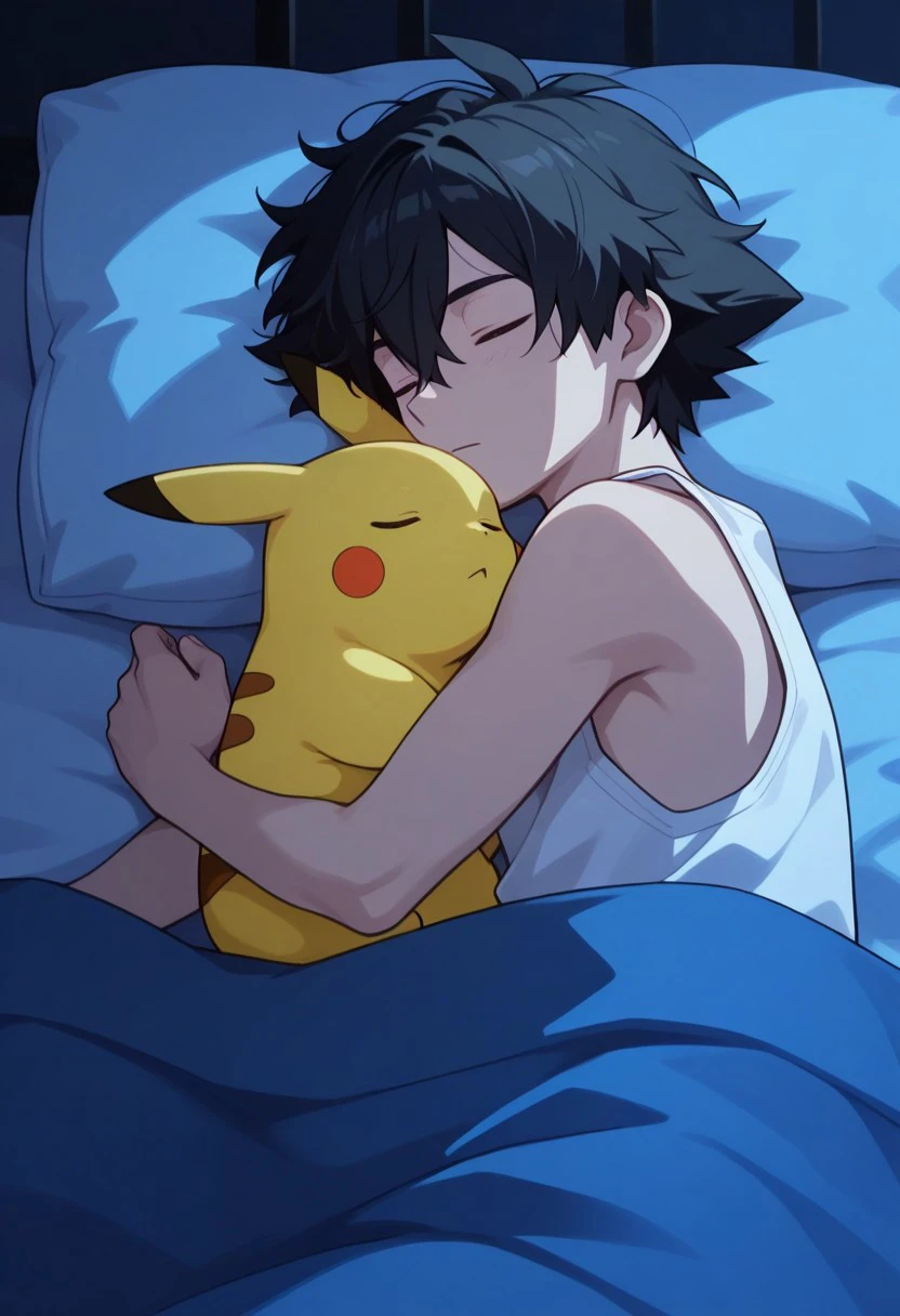 masterpiece, best quality,
ashxyz, 1boy, male focus, solo, closed eyes, sleeping, black hair, bangs, messy hair, tank top, white tank top, pikachu, hugging pikachu,
indoor, bed, sleeping, pillow, night, blanket,