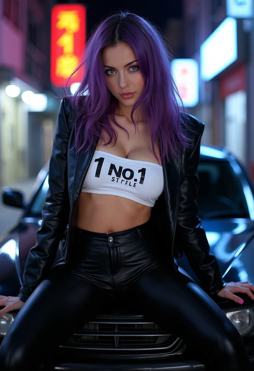 The image is an iPhone raw photo of a young woman wearing a race queen outfit. She has long, wavy purple hair and green eyes, with a mischievous grin. She is sitting on a car, legs spread, wearing a black leather jacket left open to reveal a white tube top with "S1 NO.1 STYLE" text branding, showcasing her huge breasts. Her lower half is clad in tight black leather pants and high-heeled boots. She is leaning forward, her gaze directly at the camera, exuding a sense of playful danger. The background is an urban alleyway at night, with neon lights casting a soft glow.