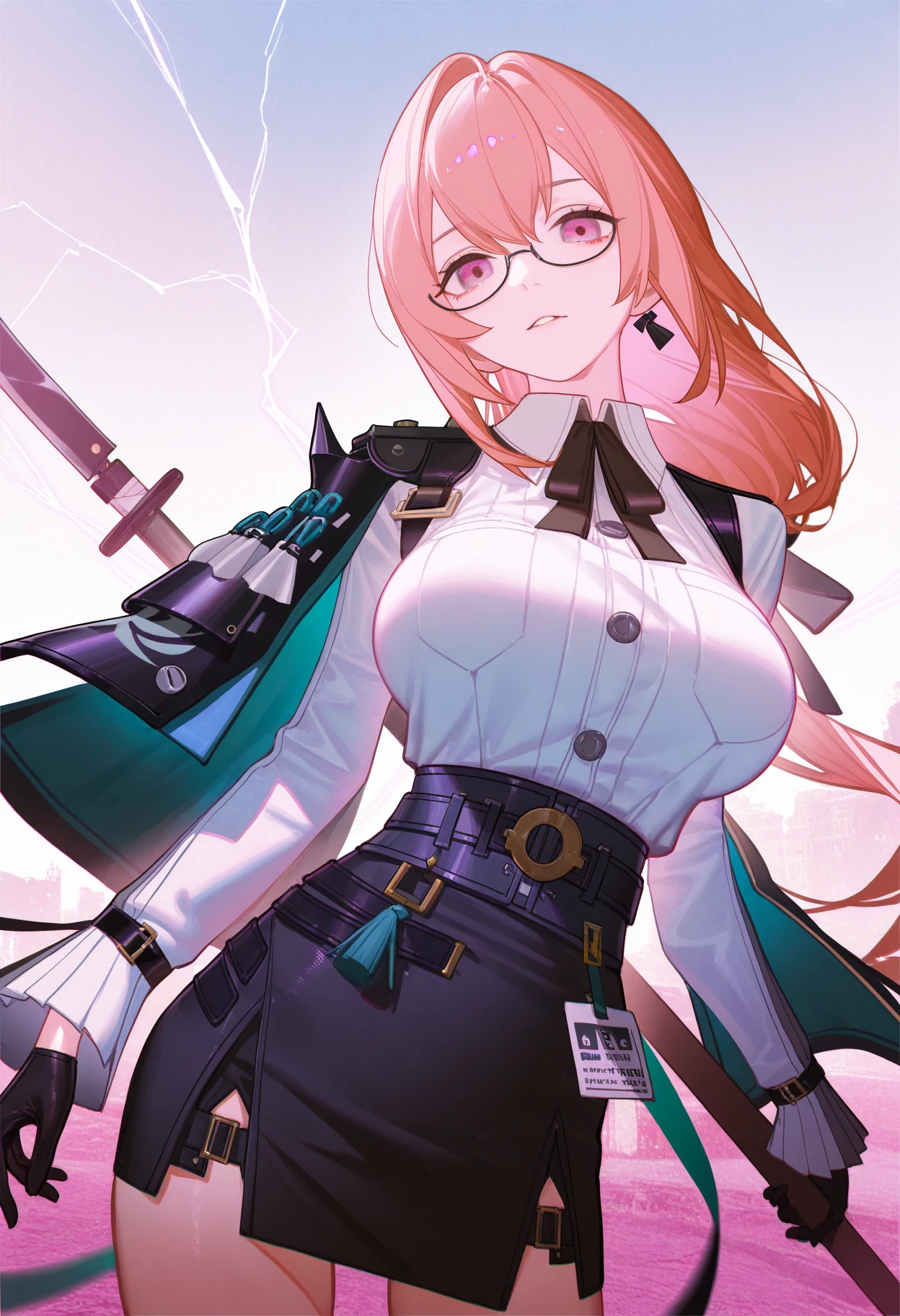 masterpiece, best quality, very aesthetic, 1girl, tsukishiro yanagi, solo, zenless zone zero, ask \(askzy\), reoen, john kafka, pink hair, white shirt, sidelocks, black gloves, pencil skirt, pink eyes, glasses, lightning, long hair, naginata, looking at viewer, weapon, holding weapon, polearm, holding polearm,