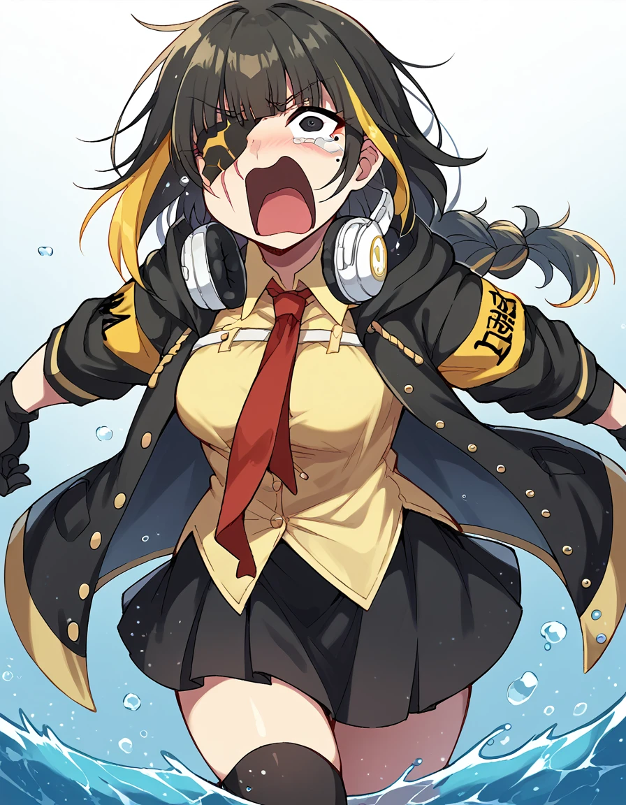 score_9, score_8_up, score_7_up, source_anime, <lora:girlsfrontline-m16a1-ponyxl-lora-nochekaiser:1>, m16a1, black hair, long hair, black eyes, streaked hair, yellow hair, bangs, braid, braided ponytail, eyepatch, mole, mole under eye, scar, scar on face,, armband, asymmetrical legwear, black gloves, black jacket, black legwear, black skirt, buttons, gloves, headphones, headphones around neck, hood, hooded jacket, jacket, knee pads, necktie, skirt, strap, unevent legwear, shirt, yellow shirt, hood down, mature female, medium breasts,, jetty, water, boats, dock, narrow, , <lora:crying-aqua-ponyxl-lora-nochekaiser:1> crying aqua, crying aqua (meme), screaming, crying, crying with eyes open, tears, tongue, open mouth,, looking at viewer, solo,, dutch angle, cowboy shot