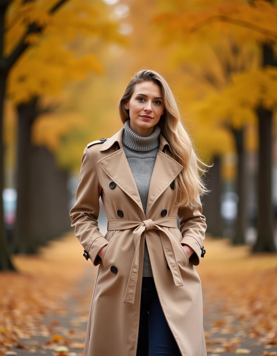 woman, bebahan, blonde, Walking through a park in autumn wearing a beige trench coat,  <lora:bebahanflux:1>