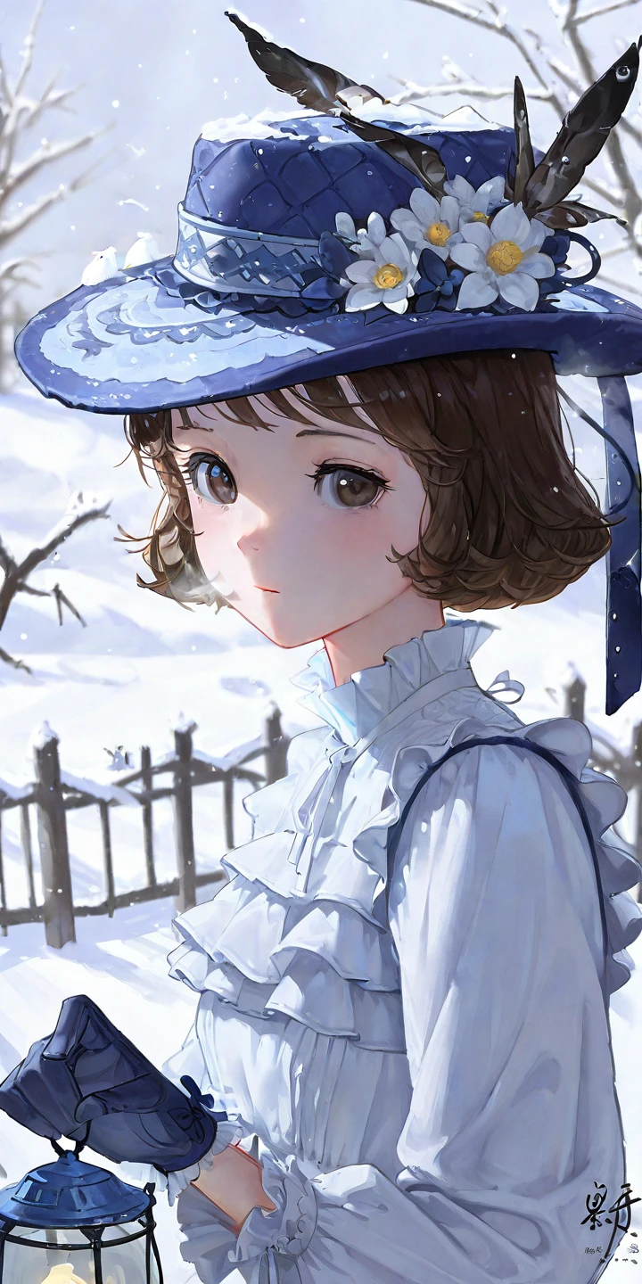 close-up, upper body,
1girl, short hair, brown hair, hat, blue hat, flower, white dress, frills, gloves, holding lantern, outdoors, winter, snow, fence, bird, looking at viewer, signature, digital painting, scenery, muted colors
dot nose  <lora:digital_paint:1>