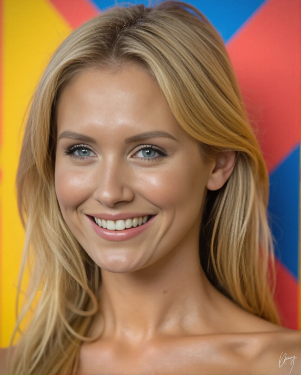 A professional close-up portrait photograph of a young woman Nicky_Whelan against a brightly coloured geometric background for her modelling portfolio. Blonde hair, detailed skin, female focus, (SFW), smile <lora:Nicky_Whelan:1>