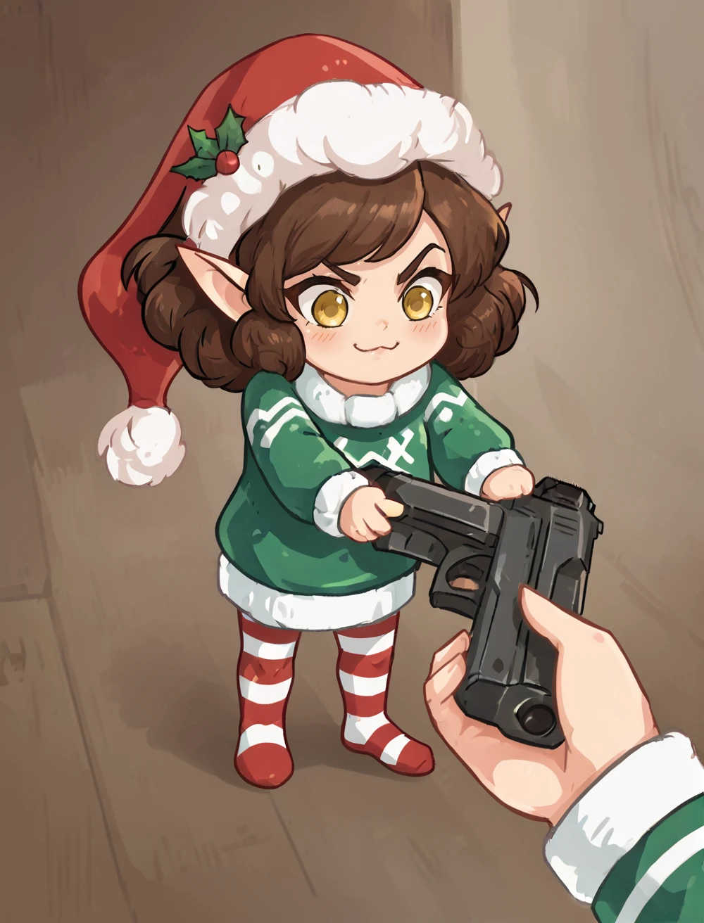 score_9, score_8_up, score_7_up, PenelopeTheElf, 1girl, solo, brown hair, yellow eyes, pointy ears, green sweater, striped pantyhose, santa hat, indoors, holding gun, do a crime, mischievous, chibi, <lora:PenelopeTheElf:0.8> <lora:go_do_a_crime:0.7>