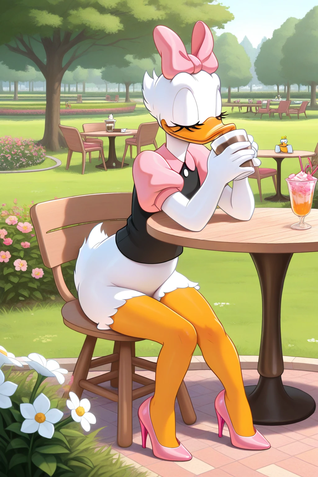 masterpiece, best quality, amazing quality, absurdres, daisyduck, solo, uncensored, sitting, closed mouth, drinking, holding cup, relaxing, closed eyes, white plumage, white feathers, orange legs, pink ribbon, puffy sleeves, short pink sleeves, black shirt, pink stiletto heels, outdoors, cafe, park, grass, flowers