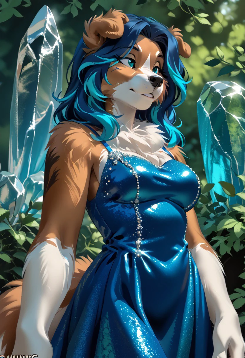 score_9, score_8_up, score_7_up, (by kittydee:1.5), (by jailbird:1.5), (by zummeng:1.5), masterpiece, best quality, (solo),
(Furry Art: Anthro: Sheltie:1.5), 1girl, expressive eyes, feminine eyes, perfect face, feminine face, shetland sheepdog, dog, canine, pointy dog ears, multicolored fur, sable fur, brown fur, white fur, dark brown fur, fluffy fur, (blue hair with aqua blue highlights:1.5), spiky hair, medium breasts, crystal and diamond studded dress,