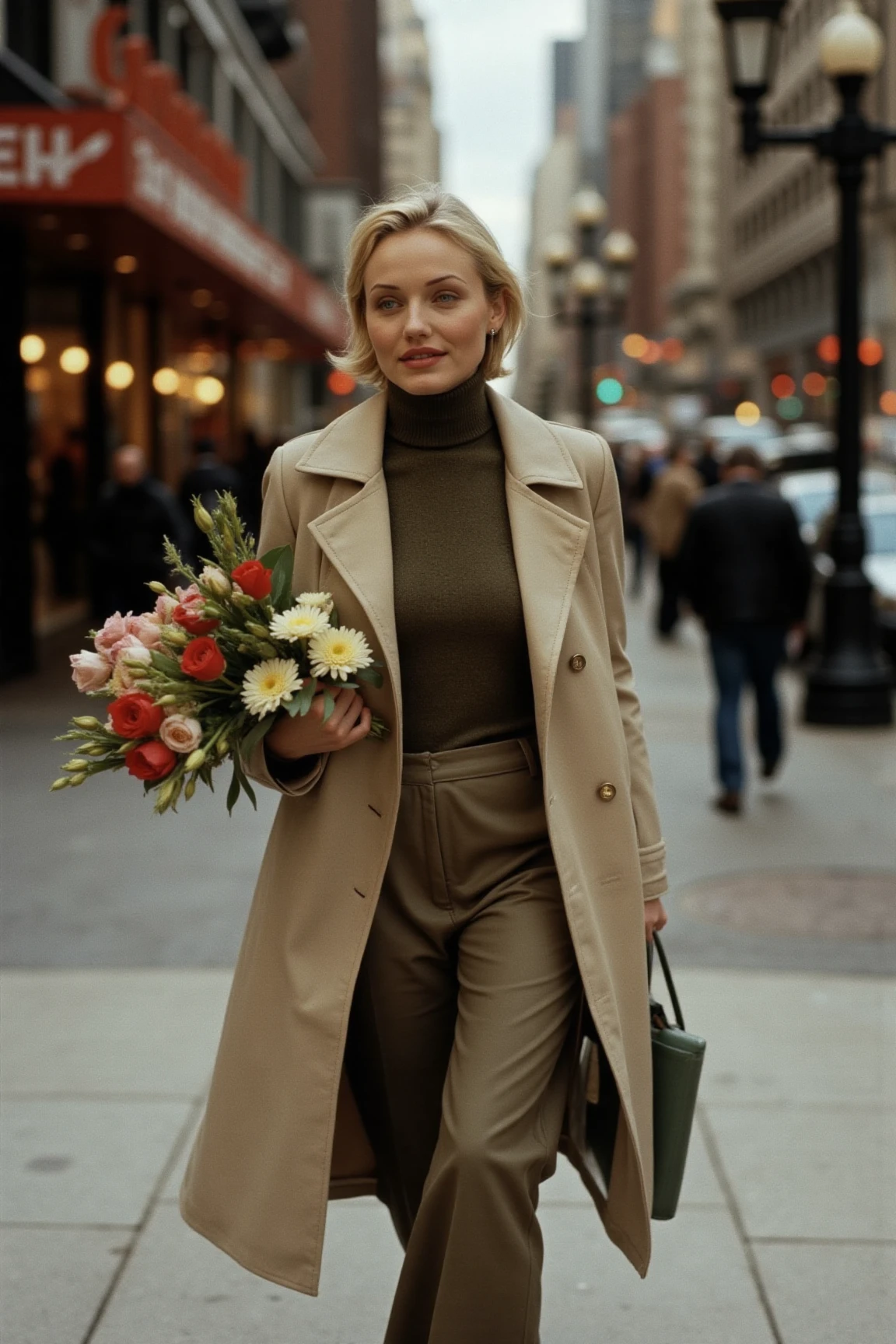 A candid, editorial photo of a blonde woman captured on an analog film camera. She is walking through a bustling city street, holding a bouquet of fresh flowers in one hand and a tote bag in the other. She wears a long trench coat over a casual outfit of a turtleneck sweater and wide-leg trousers, exuding effortless elegance. Her short hair is slightly tousled by the breeze, and she has a relaxed, content smile as she glances off to the side.

The background features blurred details of storefronts, pedestrians, and vintage streetlights, adding to the vibrant urban atmosphere. The natural light casts soft highlights on her face and hair, while the rich tones and subtle grain of the film create a nostalgic, timeless feel. The scene captures an authentic and unposed moment of her in the rhythm of everyday life.