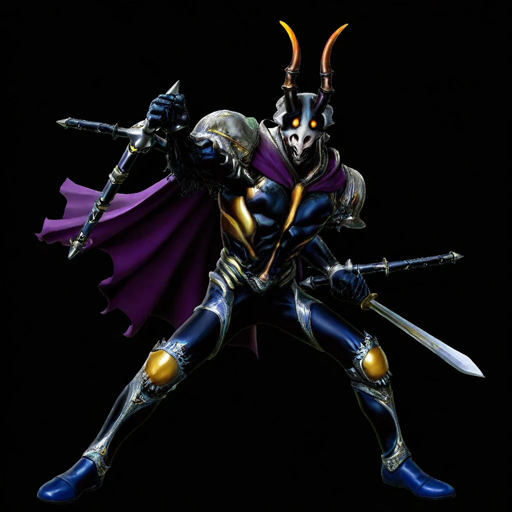 silver trim, white eyes, tonfa, 1boy, gold armor, fighting stance, bodysuit, hydrozoa, sword, blue footwear, holding weapon, black armor, black footwear, silver armor, purple cape, locust, legs apart, pectorals, orange eyes, horns, looking at viewer, gloves, stag beetle