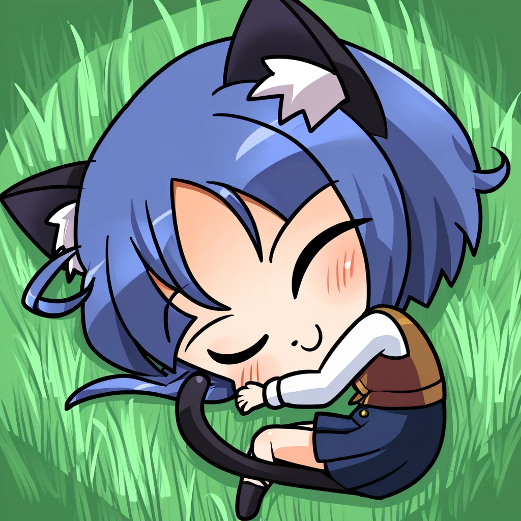 curled up, 1girl, animal ears, solo, cat ears, looking at viewer, winking at viewer, tail, fully clothed, cat tail, blue hair, chibi, on grass, on side, blue bow