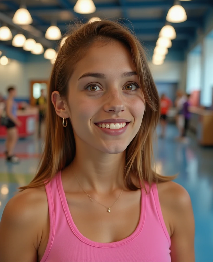 Close up head and shoulders shot of cute young girl kimpr standing in a warmly lit youth center smiling.  She is in her late teens to early twenties with olive skin wearing a pink tank top. Medium-length light-brown hair,  delicate features,  detailed background, cinematic shadows, solo focus,  blurry background, upper body, 3/4 angle