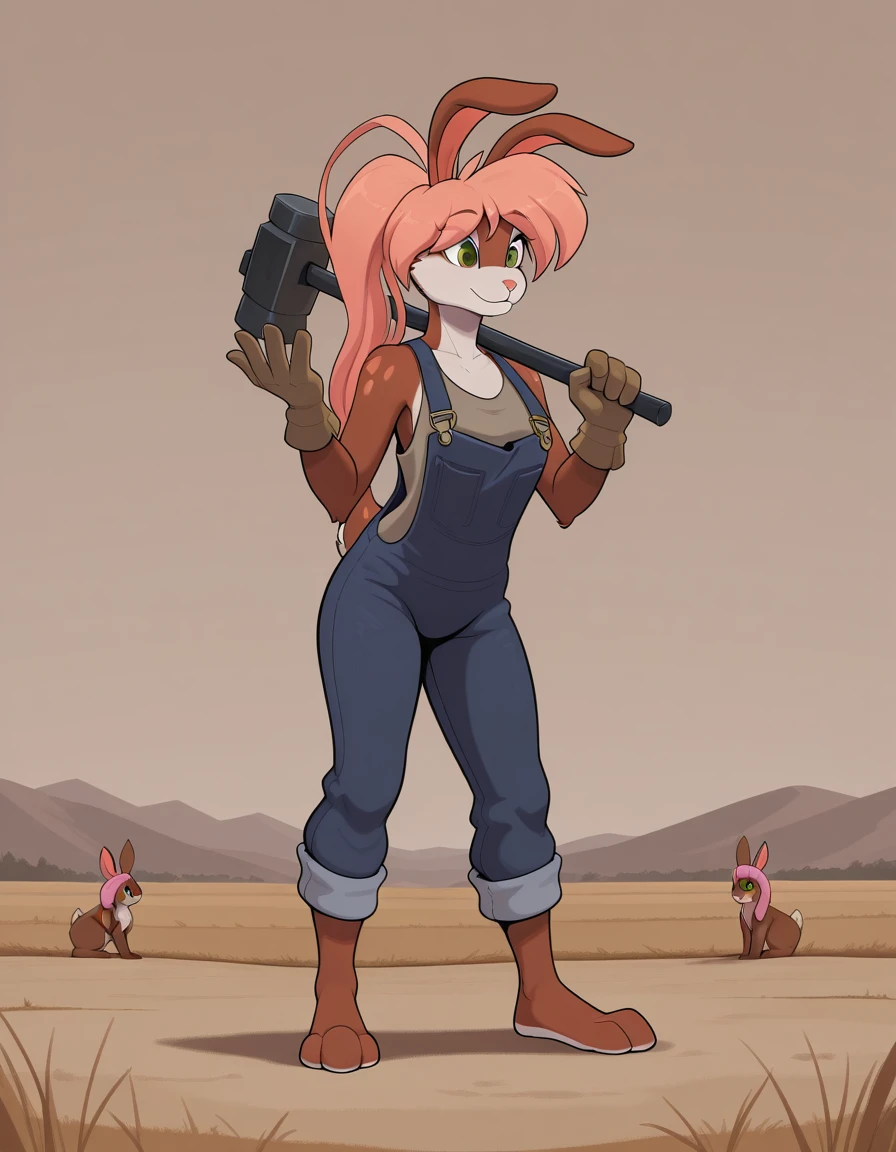 masterpiece,best quality, amazing quality, ((h4l3y, anthro, female, rabbit, lop ears, green eyes, pink hair)), standing, full body portrait, overalls, shirt, gloves, hammer, hammer over shoulder, ((plains background))<lora:Illustrious\Haley-Illustrious.safetensors:0.9:0.9>