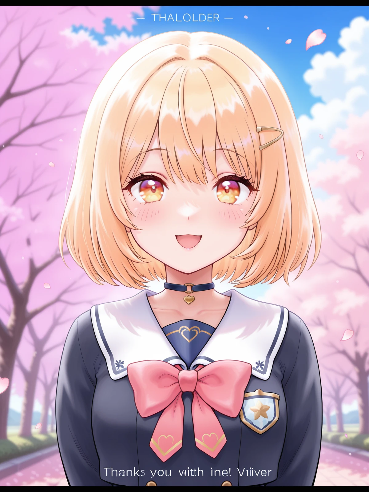 very awa, masterpiece, best quality, newest, highres, absurdres, kazuka tokio, a girl with blonde hair and a bow in her hair is standing in front of a colorful background with the words viiver, 1girl, bangs, blonde hair, blue sky, blush, cherry blossoms, choker, cloud, copyright name, cover, day, english text, eyebrows visible through hair, hair ornament, hairclip, heart, letterboxed, looking at viewer, open mouth, petals, short hair, sky, smile, solo, thank you, virtual youtuber,<lora:kazuka_tokio_bikids_kazagake_shohjogumi_illustriousXL_20241209:0.8>