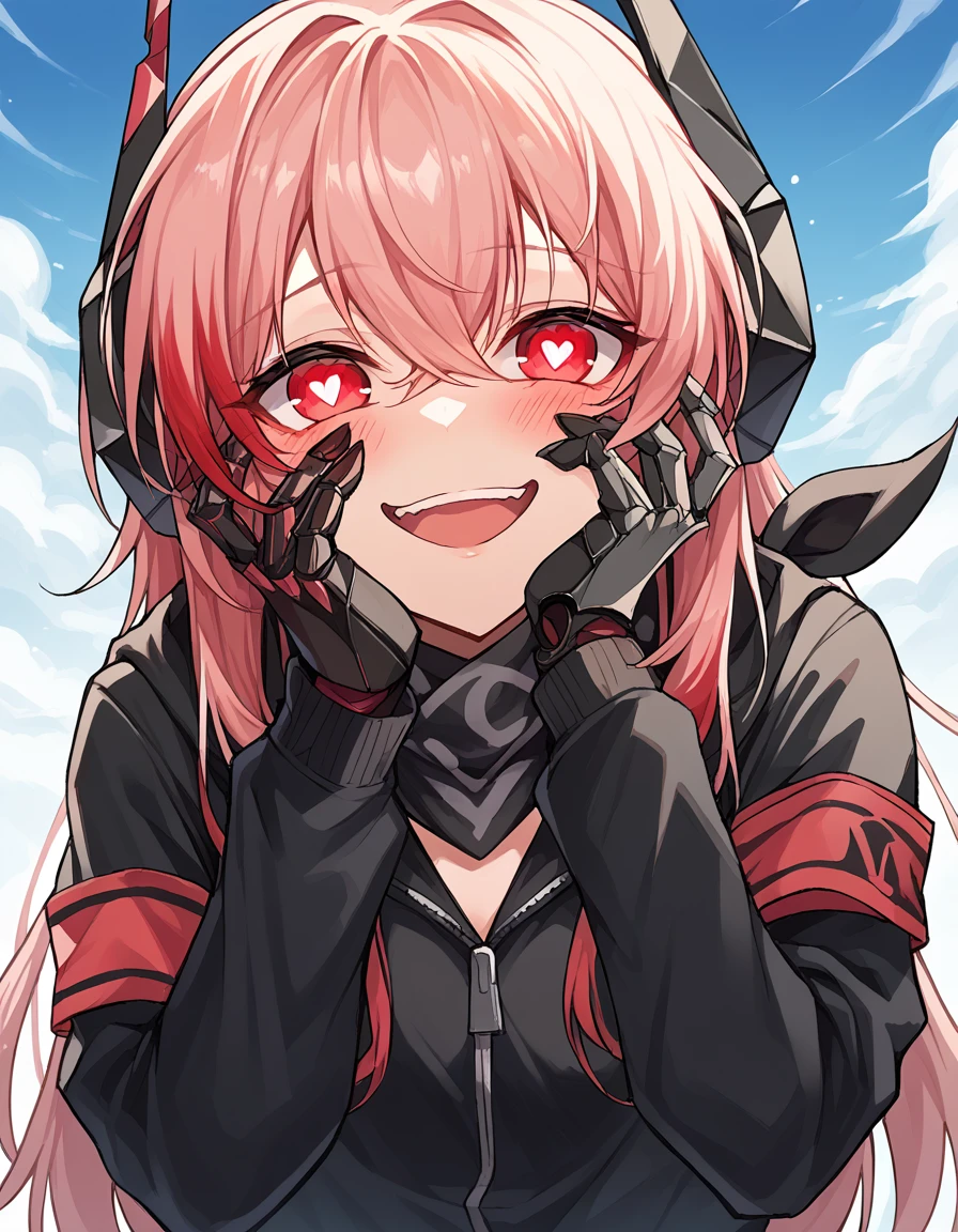 score_9, score_8_up, score_7_up, source_anime, <lora:girlsfrontline-m4-sopmod-ii-ponyxl-lora-nochekaiser:1>, m4 sopmod ii, hair between eyes, red eyes, pink hair, streaked hair, red hair, sidelocks, long hair, multicolored hair, two-tone hair,, armband, black gloves, black jacket, black scarf, black thighhighs, gloves, hair ornament, headgear, headphones, holster, hood, hooded jacket, jacket, mechanical hands, red armband, scarf, thighhighs, track jacket,, laundry day, clothesline, drying clothes, domestic life, fresh air, blue sky, , <lora:yandere-trance-ponyxl-lora-nochekaiser:1>, yandere trance, yandere, hands on own cheeks, hands on own face, crazy eyes, crazy smile, crazy, heart-shaped pupils, glowing eyes, symbol-shaped pupils, hand on own face, open mouth, glowing, blush, looking at viewer,, looking at viewer, solo,, dutch angle, cowboy shot