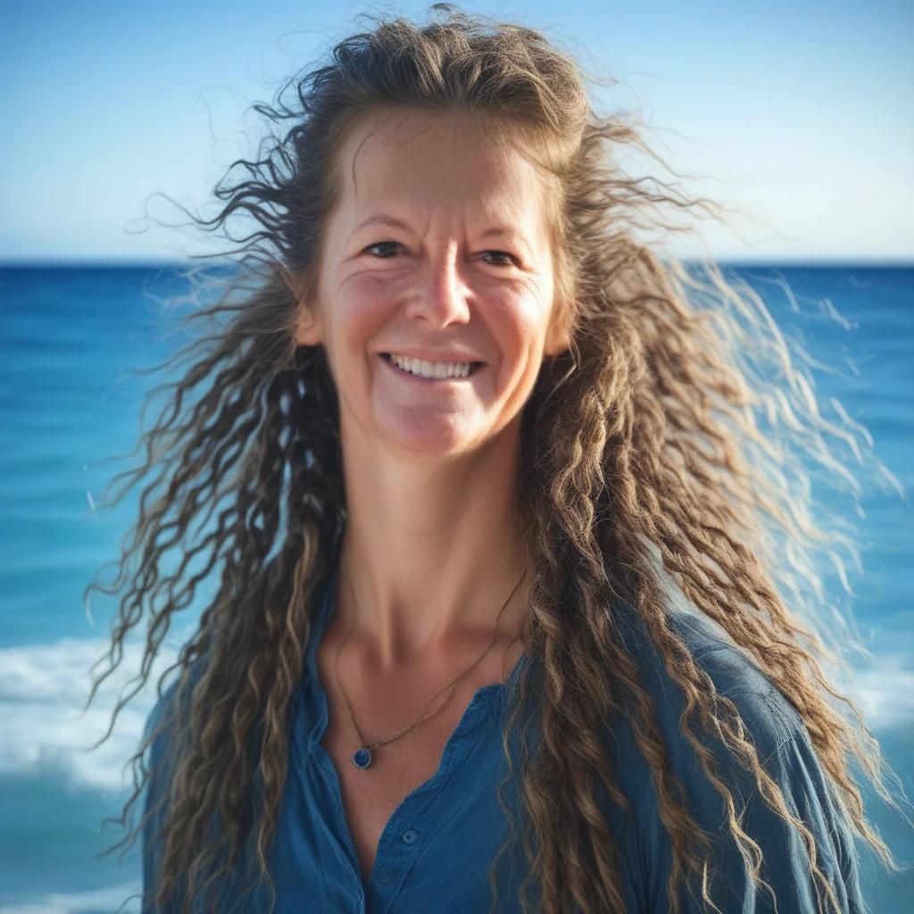 day, chainmail, blurred, smile, indoors, single braid, portrait, 65 years old, wind, messy hair, blurry background, ocean, blue background, long hair