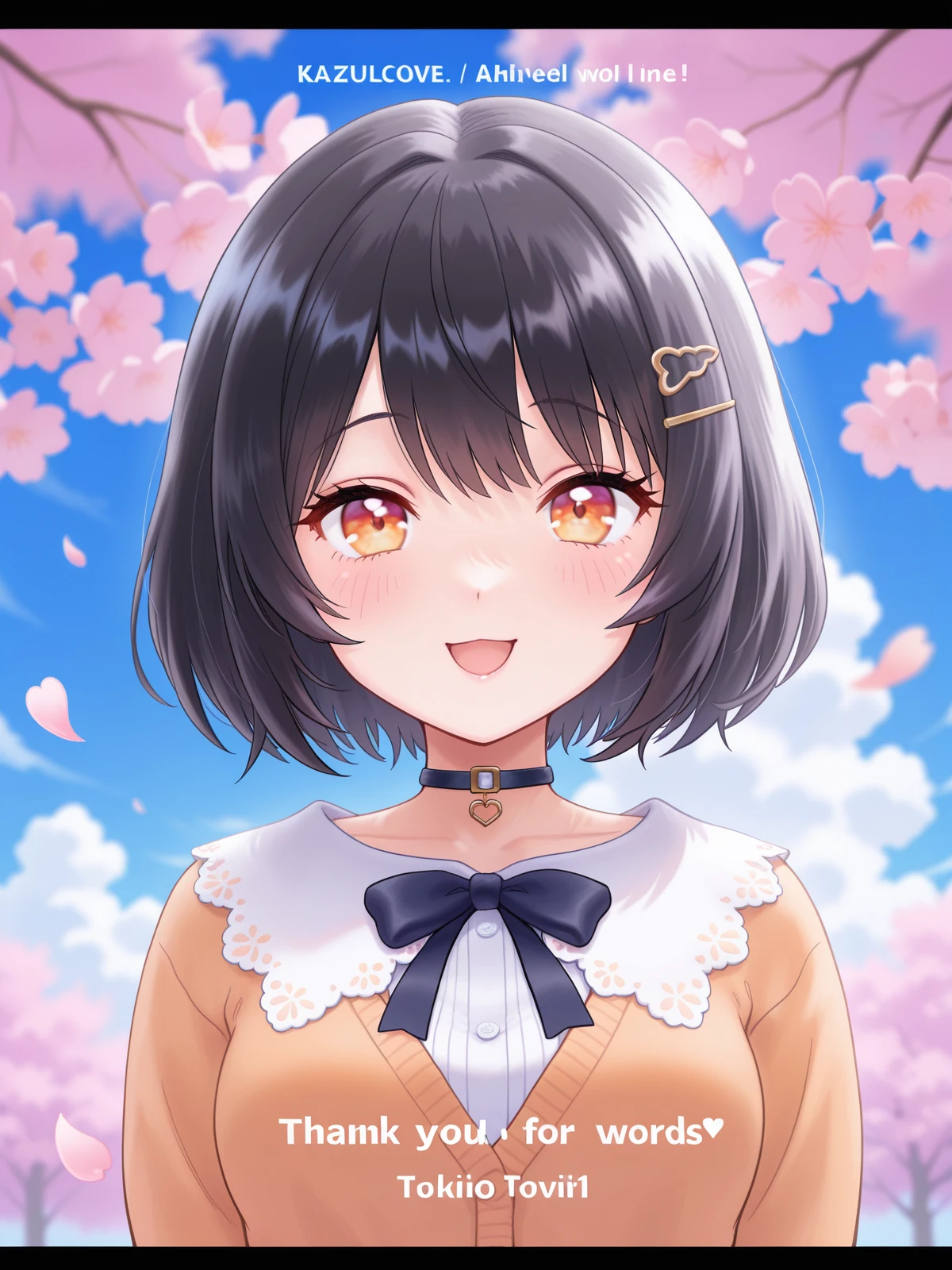 very awa, masterpiece, best quality, newest, highres, absurdres, kazuka tokio, a girl with black hair and a bow in her hair is standing in front of a colorful background with the words viiver, 1girl, bangs, black hair, blue sky, blush, cherry blossoms, choker, cloud, copyright name, cover, day, english text, eyebrows visible through hair, hair ornament, hairclip, heart, letterboxed, looking at viewer, open mouth, petals, short hair, sky, smile, solo, thank you, virtual youtuber,<lora:kazuka_tokio_bikids_kazagake_shohjogumi_illustriousXL_20241209:0.8>