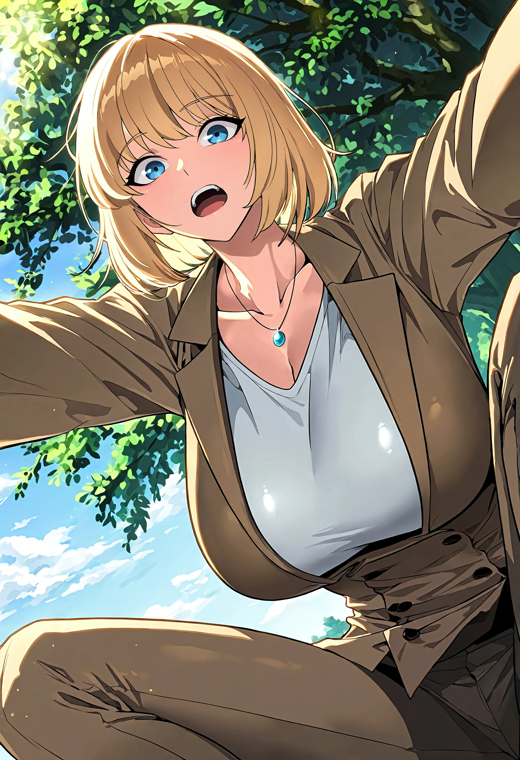 masterpiece, best quality, amazing quality, very aesthetic, absurdres, newest, scenery, 1girl, solo, huge breasts, surprised, open mouth, <lora:Teresa du Laurentia illustxl:0.9>blonde hair, blue eyes, short hair, necklace, brown coat, collarbone, long sleeves, double-breasted, white shirt, brown pants, spread legs, squatting, (from below:1.1), outstretched arms, park, outside, looking at viewer, shiny skin, masterpiece, best quality, amazing quality, very aesthetic, absurdres, newest, scenery