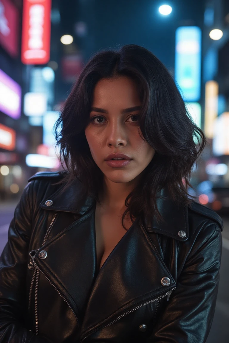 A stunning portrait of a woman stands out against the futuristic cityscape's neon glow. Soft, even lighting illuminates her, as she gazes directly at the viewer with piercing eyes that seem to hold a hint of determination. Her cyberpunk fighter attire exudes confidence. Masterpiece-quality photography captures every nuance, making this image a true work of art.