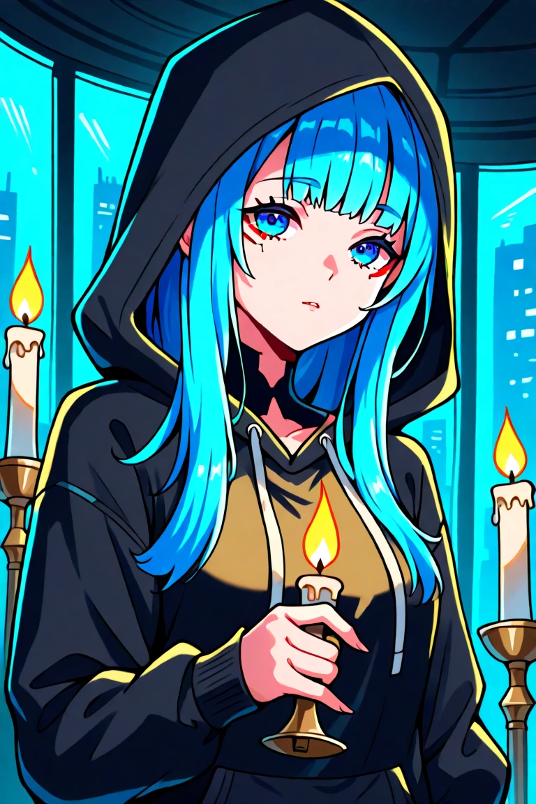 Candlelight,sarah, long hair, blue eyes, blue hair, black hoody, cyberpunk, blue hair