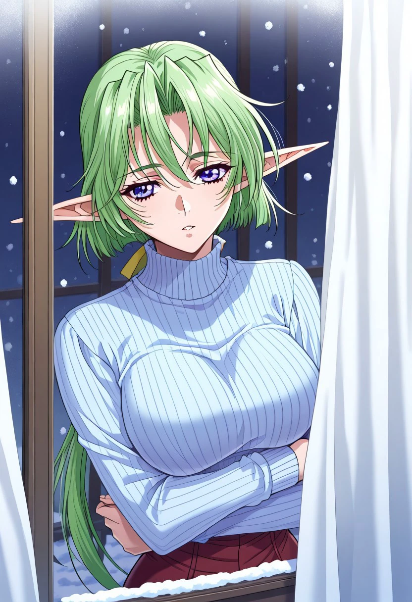masterpiece, best quality, newest, highres, uncensored, 1girl, yokota mamoru style,motion lines,1girl,Kamyu,Green hair, Waist Length hair,long hair,Violet Eyes,Pointed Ears,elf,1girl, solo, window, from outside, snowing, looking outside, snow, blue eyes, crossed arms, brown hair, sweater, short hair, curtains, long sleeves
