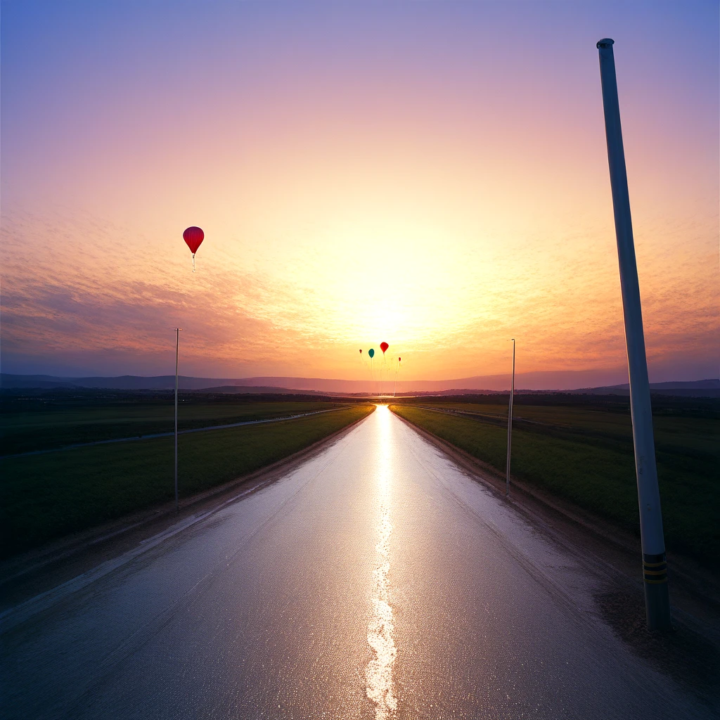 <lora:mechanical_vignetting_IL:0.5> fisheye lens vignetting, straight concrete road, landscape,In the distant background, a small, one colorful hot air balloon floats gracefully, autorefractometer, photorealistic, realistic