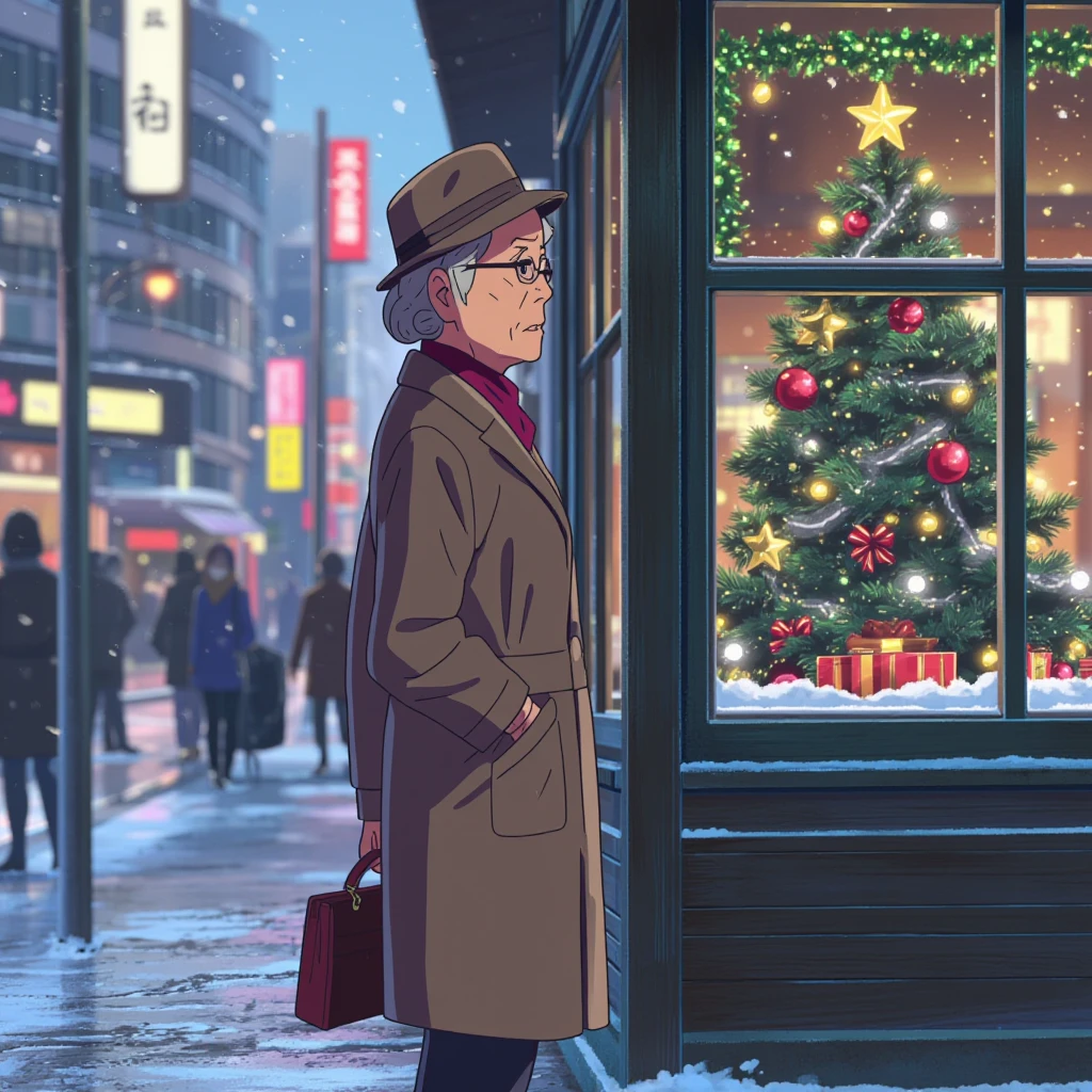 anime screencap in yn artstyle, an old woman dressed in a winter coat and a hat holding a hand bag and standing in front of a shop window with christmas lights in a snowed in busy city street during the winter.