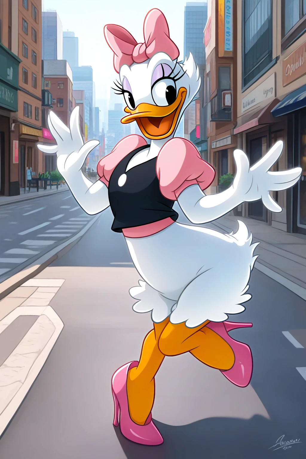 masterpiece, best quality, amazing quality, absurdres, daisyduck, 1girl, standing, white plumage, white feathers, orange legs, open mouth, waving, looking at viewer, happy, pink bow, puffy sleeves, short pink sleeves, black shirt, pink stiletto heels, outdoors, city, street