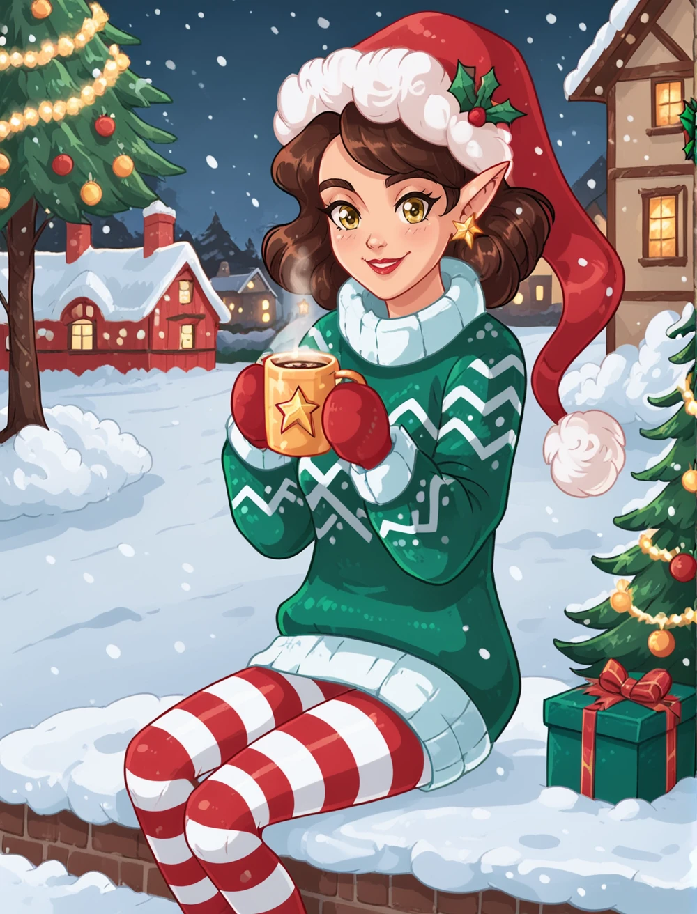 score_9, score_8_up, score_7_up, best quality, 2d, masterpiece, PenelopeTheElf, 1girl, solo, brown hair, yellow eyes, pointy ears, red lips, sweater, striped pantyhose, star earrings, santa hat, mittens, cute, smile, looking at viewer, outdoors, night, snowstorm, cowboy shot, sitting on snow, vxc, ((a winter village surrounded in snow)), (((christmas tree))), holding mug of coffee, christmas lights, icicles, presents <lora:PenelopeTheElf:0.85> <lora:Vintage_Christmas_Card_Generator_XL-KK:0.6>