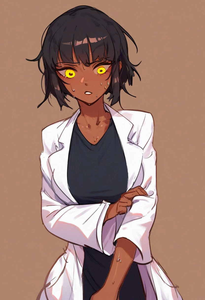 score_9, score_8_up, score_7_up, score_6_up, score_5_up, score_4_up, BREAK
Solo, cteacher, 1girl, dark-skinned female, dark skin, yellow eyes, sweating, black hair, bangs, short hair, lab coat