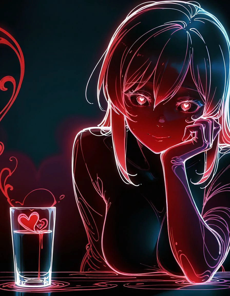 masterpiece,   <lora:Navi_LustStrokes_IL:1>  limited palette, sketch,glowing, psychedelic,  black theme, 
1girl, mature female, close-up, darkness \(konosuba\), heart-shaped pupils, upper body, arm support, glass cup,