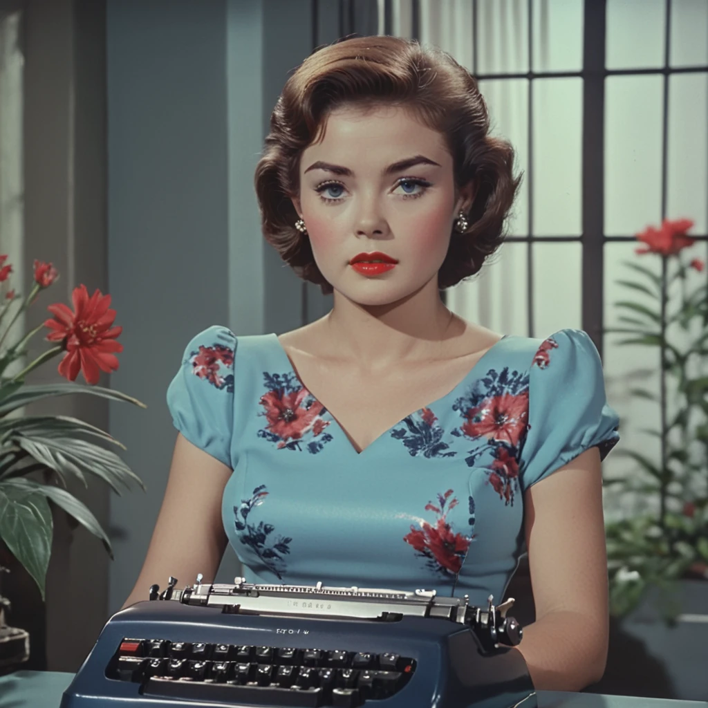 <lora:50sPanavisionMovieSDXL:1> ArsMovieStill, Movie Still From Colored 1950s Super Panavision 70 Movie, The image shows a woman in a blue dress sitting at a typewriter with a plant with flowers to her left and a wall and window in the background., 1girl, solo, brown hair, looking at viewer, earrings, jewelry, red lips, floral print, short sleeves, upper body